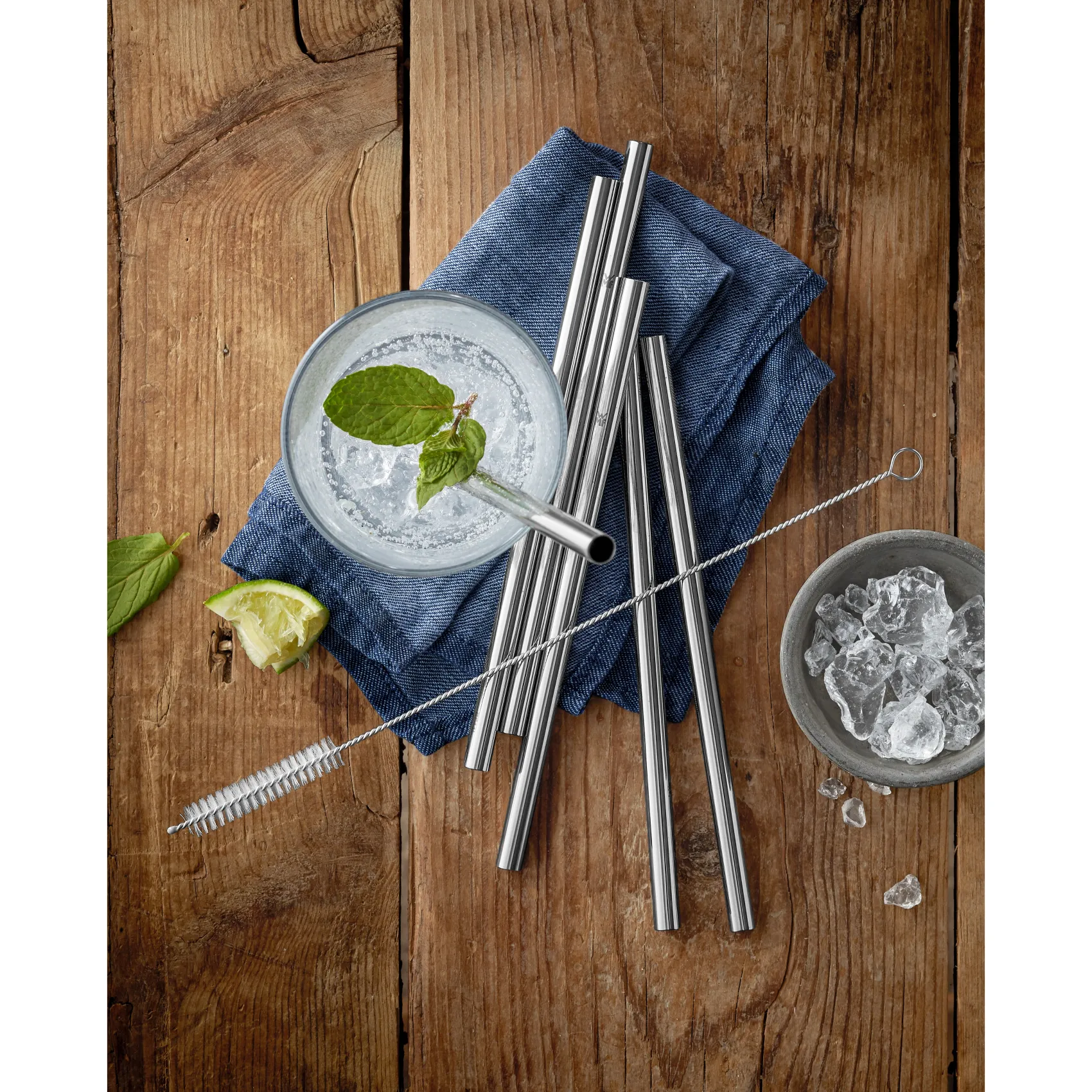 WMF Barzubehör|Baric Trinkhalm-Set Cromargan®, 18 cm, 6-teilig plus mit Reinigungsbürste
