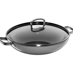 WMF Woks|Pfannen Mit Deckel|Fusiontec Mineral Wok mit Glasdeckel, 36 cm, Platinum