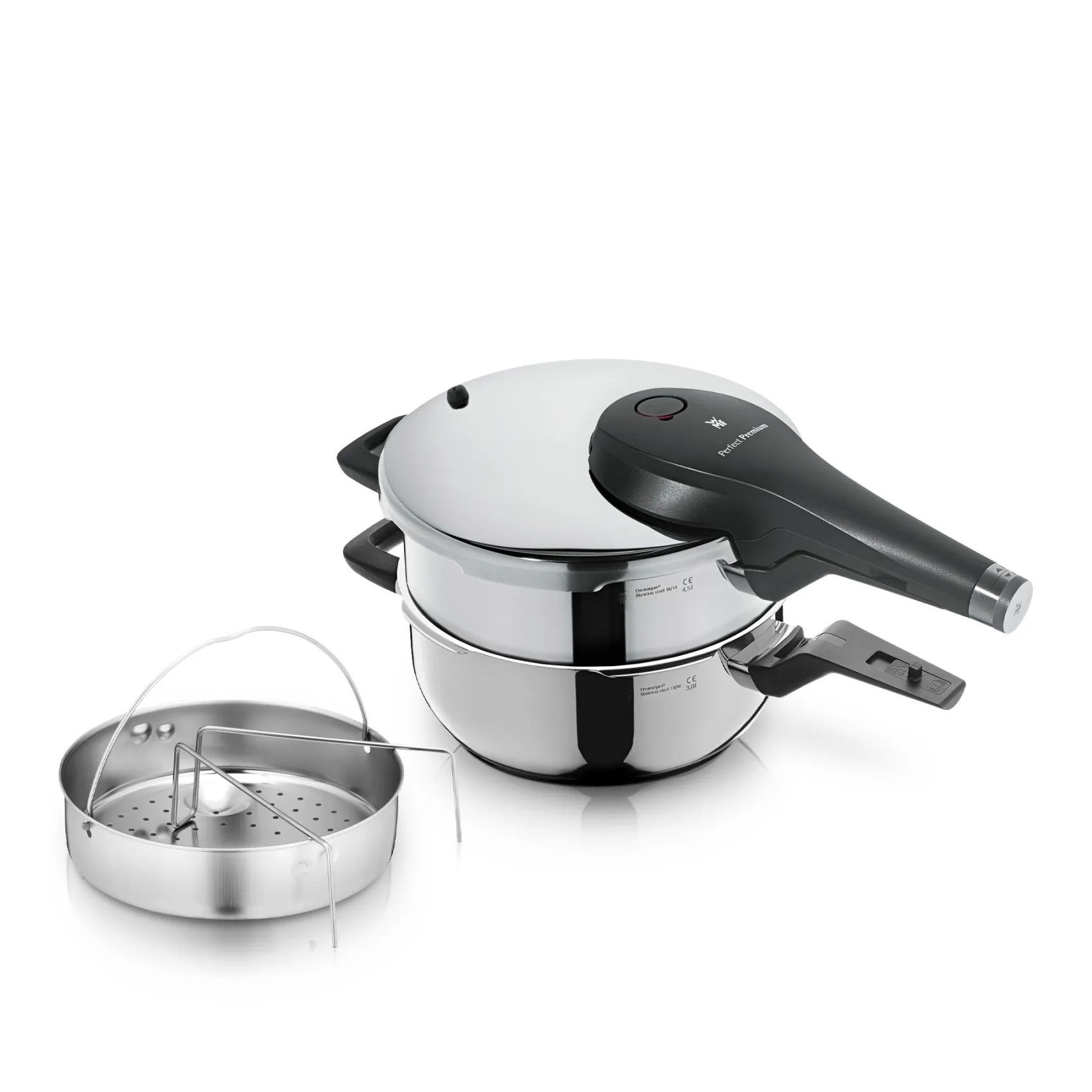 WMF Schnellkochtöpfe|Induktionstöpfe|Perfect Premium One Pot Schnellkochtopf-Set mit Dampfgareinsatz, 22 cm, 4,5 und 3,0 Liter, stapelbar
