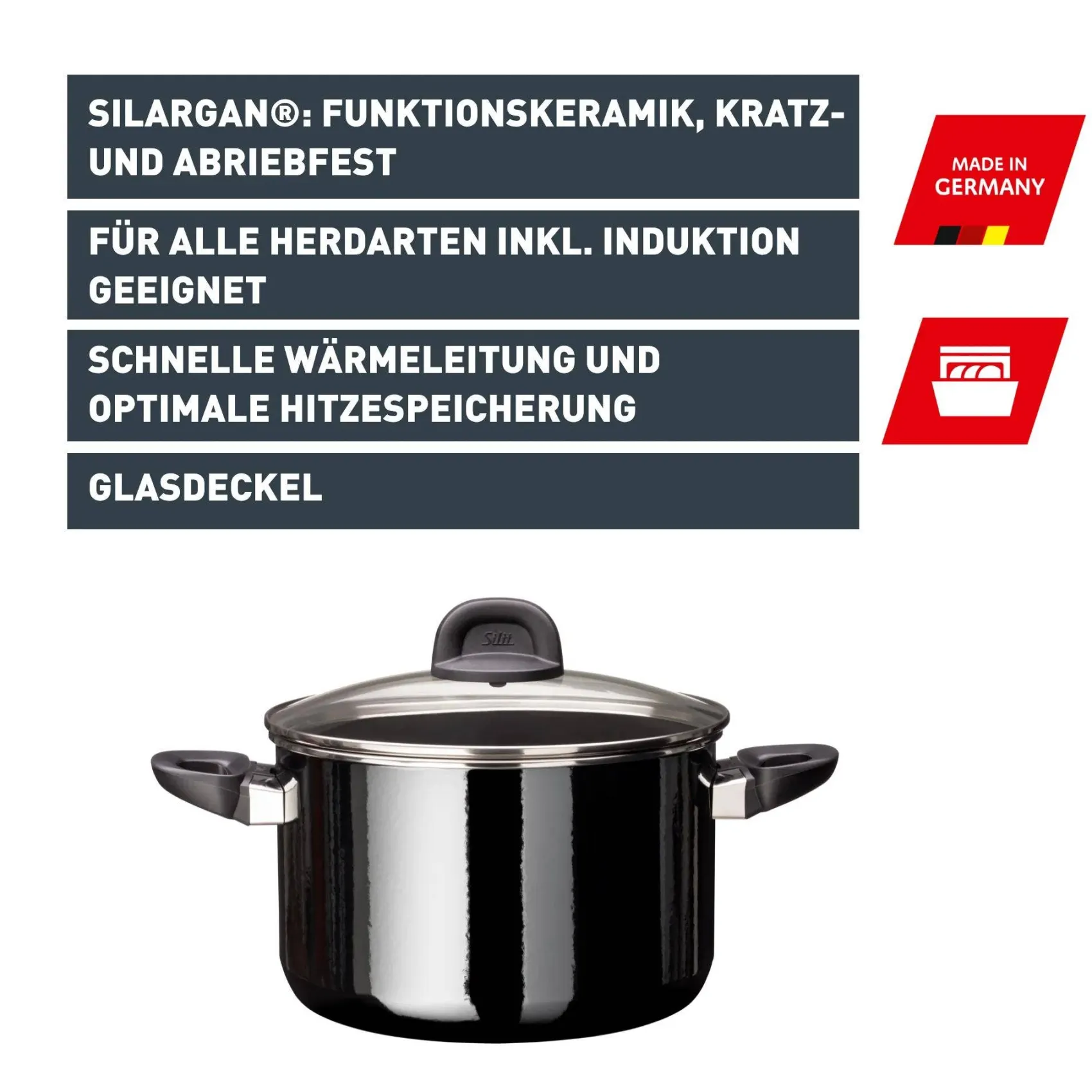 WMF Kochtöpfe|Induktionstöpfe|Silit Silargan® Modesto Kochtopf mit Deckel, 24 cm, Black