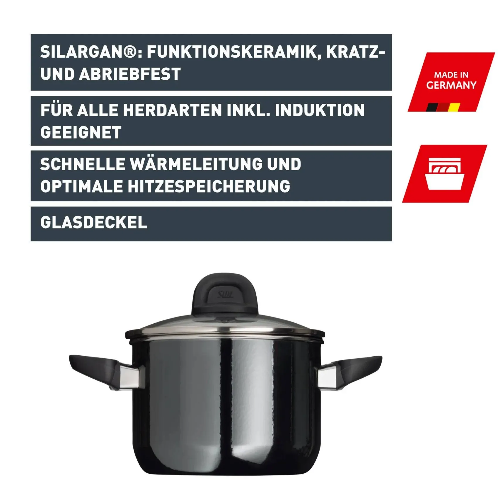 WMF Induktionstöpfe|Kochtöpfe|Silit Silargan® Modesto Kochtopf mit Deckel, 16 cm, Black