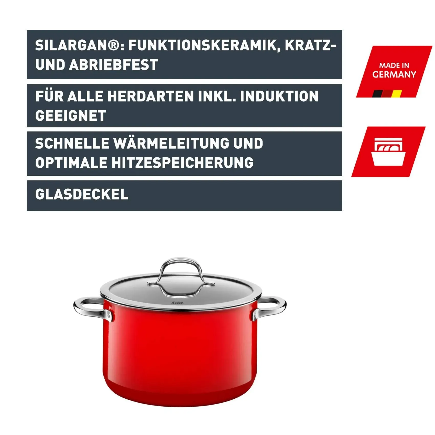 WMF Kochtöpfe|Induktionstöpfe|Silit Silargan® Passion Kochtopf mit Deckel, 24 cm, Red