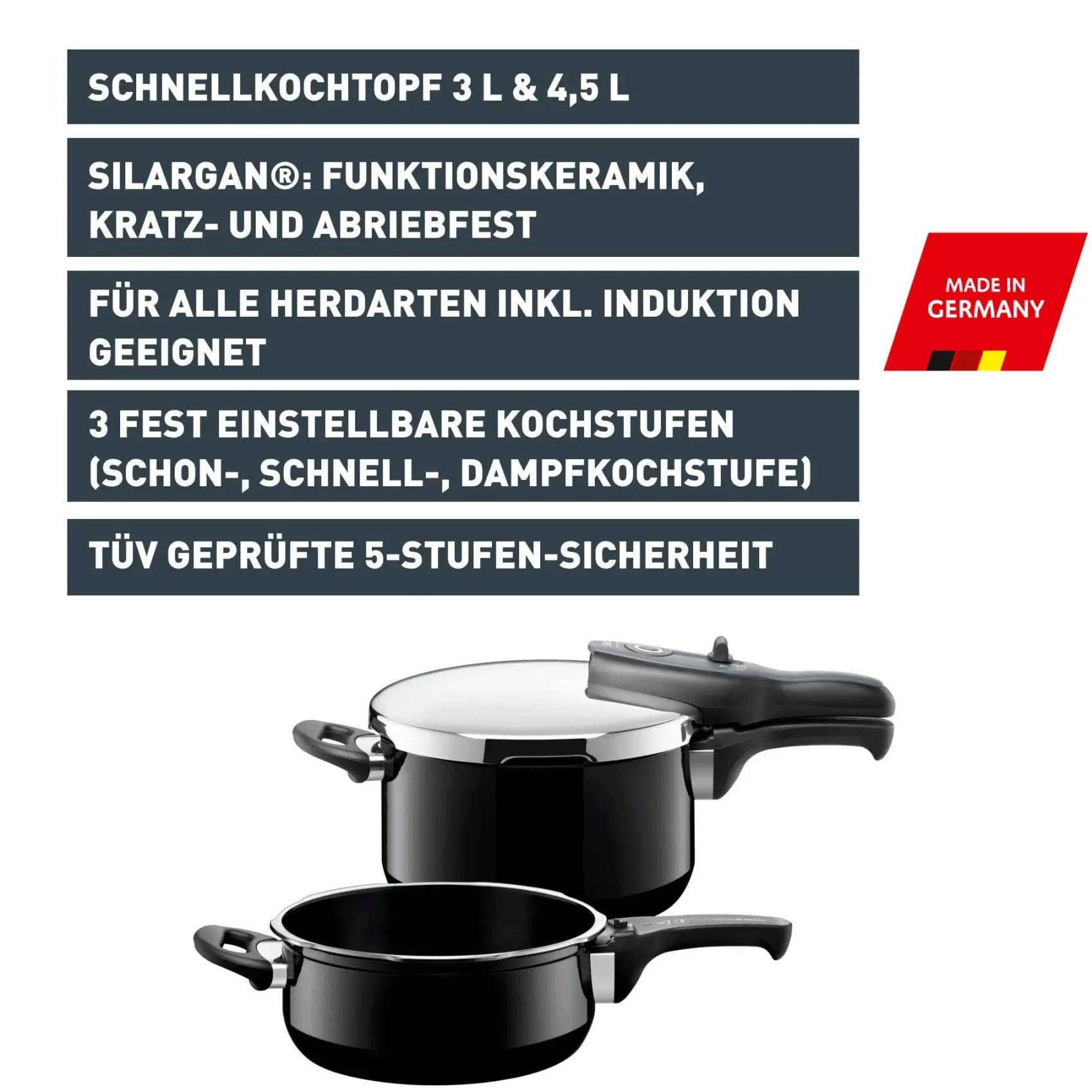 WMF Schnellkochtöpfe|Induktionstöpfe|Silit Silargan® Sicomatic t-Plus Schnellkochtopf-Set, 22 cm, 4,5 l und 3,0 l, Black